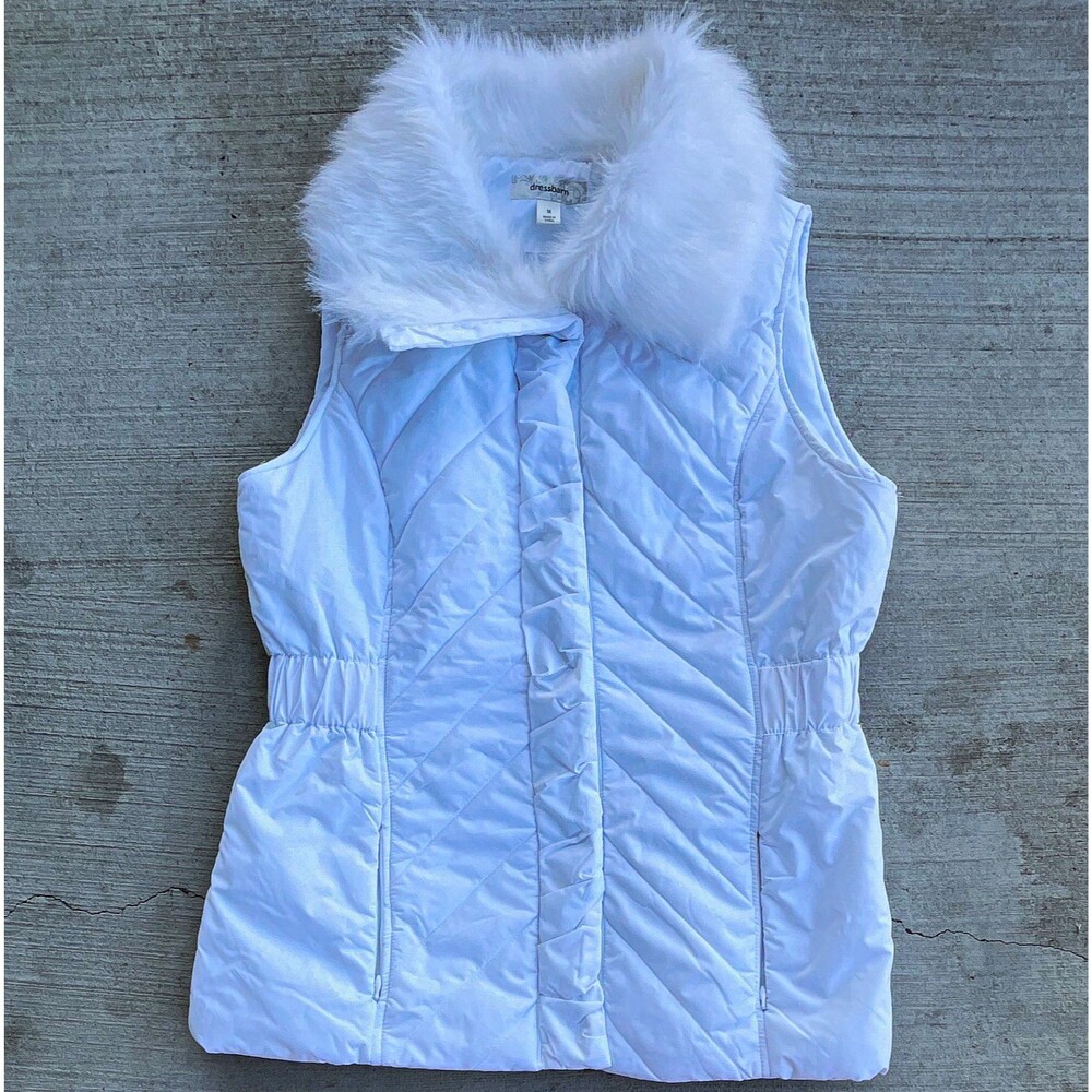 Quilted Puffer Vest Womens Medium White Faux Fur Collar Snap Lined Pockets Snow